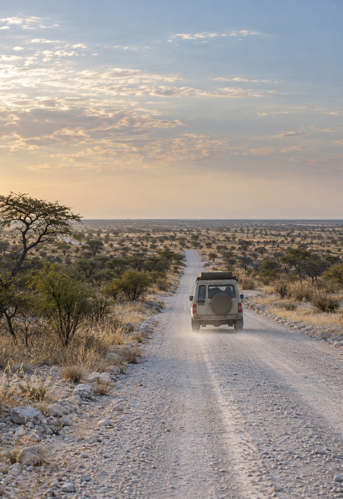 Safarifahrzeug auf einer zugelassenen Schotterstraße in Etosha