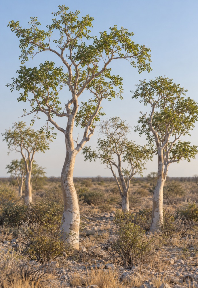 Moringa-Bäume mit hellen Stämmen im Märchenwald von Etosha
