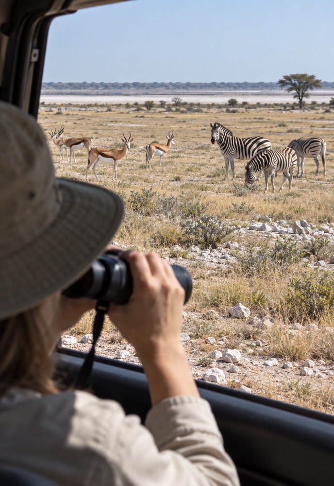 Reisender beobachtet Zebras und Springböcke aus einem Safarifahrzeug in Etosha