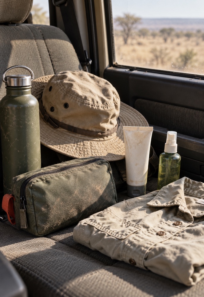 Praktisches Gesundheitsset für Etosha mit Wasser, Sonnenhut und Erste-Hilfe-Tasche