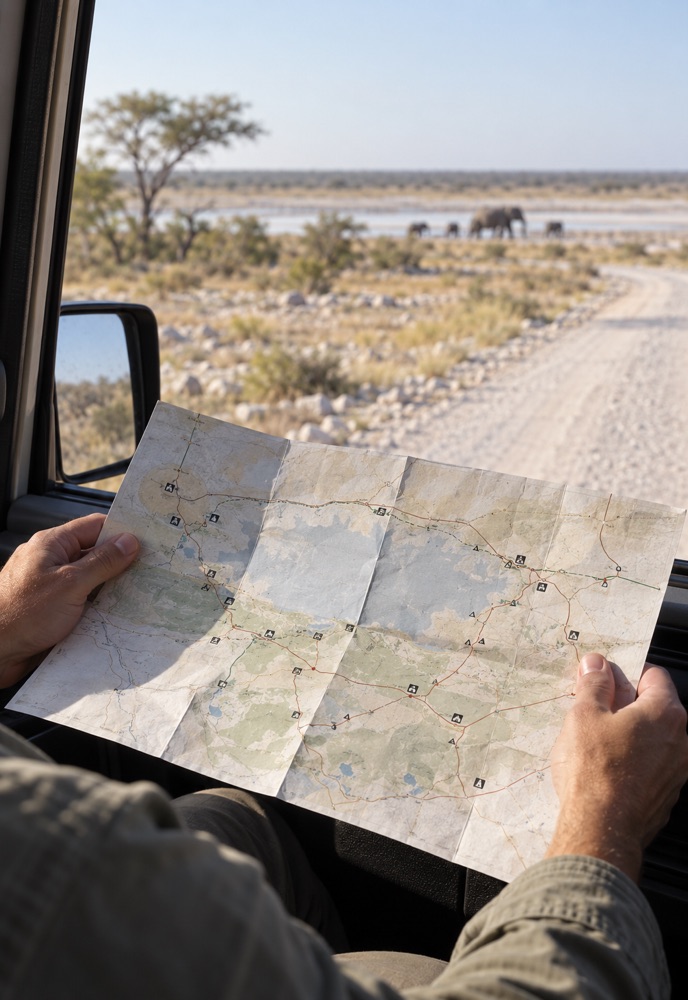 Reisender plant mit einer gefalteten Karte eine Route durch Etosha