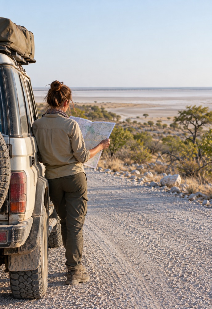 Reisender plant neben einem Safarifahrzeug eine Selbstfahrer-Route durch Etosha