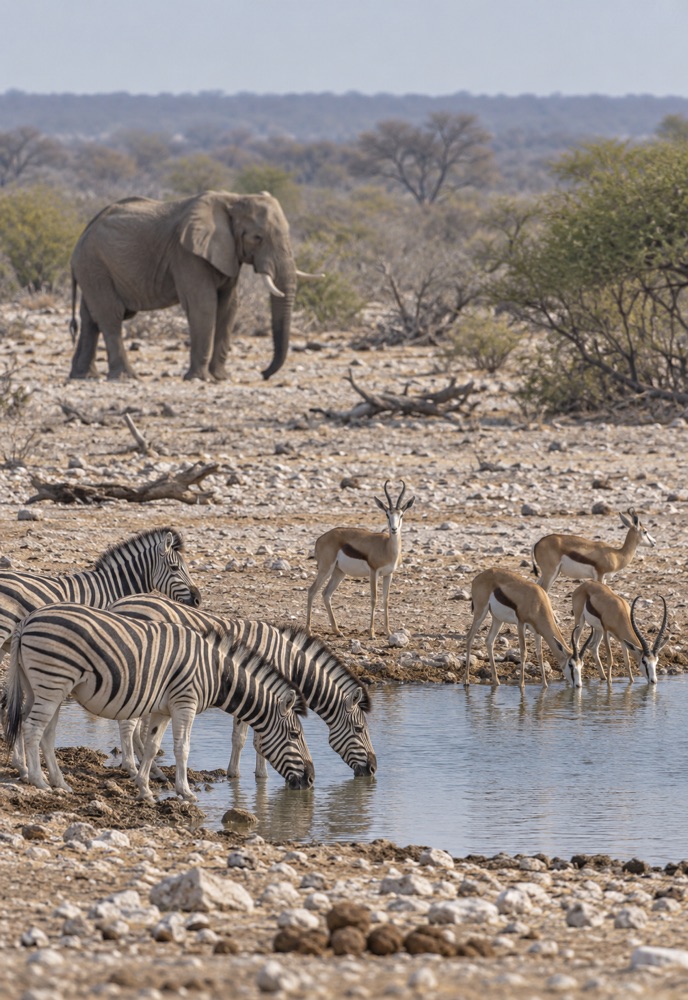 Zebras, Antilopen und Elefant an einem Wasserloch in Etosha