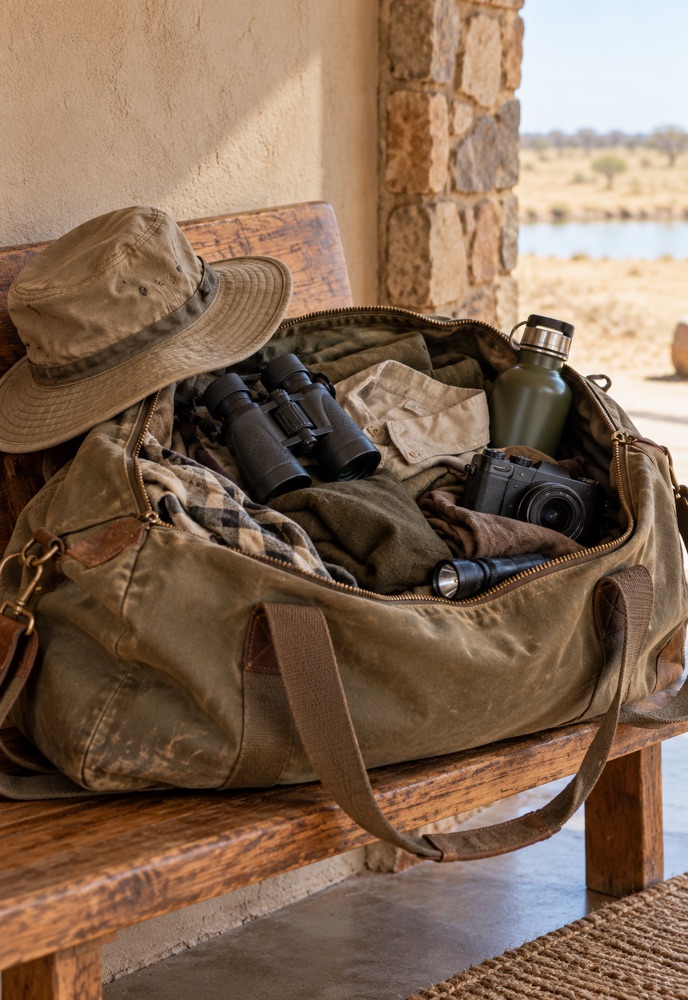 Safaritasche mit praktischer Kleidung und Ausrüstung für Etosha